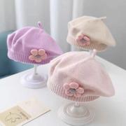 宝宝帽子秋冬季女婴儿可爱花朵，贝雷帽儿童毛线帽女童针织画家帽潮