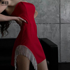 素目2023夏季红色抹胸修身连衣裙，性感设计感水钻流苏包臀短裙礼服