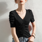 法式黑色设计感上衣女短袖修身V领抽绳纯棉T恤2024春季泡泡袖小衫