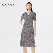 LANCY/朗姿2023夏季中长款V领显瘦短袖桑蚕丝连衣裙子设计感