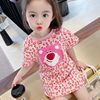 2024女童夏季豹纹短袖T恤中长款韩版中小童卡通公主连衣裙潮