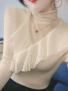 高档镂空蕾丝花边堆堆高领套头针织衫秋冬洋气女士修身毛衣打底衫