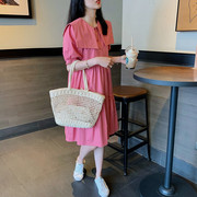 泡泡袖连衣裙女士2023粉色娃娃领中长款宽松显瘦气质夏季裙子