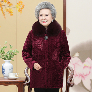 中老年女装加厚大衣羊剪绒中长款60冬季加绒毛领外套奶奶冬装棉袄