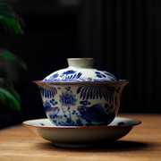 景德镇盖碗茶杯陶瓷功夫泡茶茶碗老陶泥三才碗单个青花瓷中式茶盏