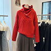 围巾领毛衣女冬十三行女装，设计感围脖法式红色针织衫小众上衣