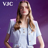 VJC/威杰思2024春夏法式蓝格纹V领短外套短袖上衣小香风通勤女款