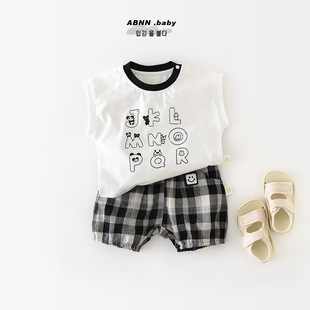 新生儿夏季棉质上衣儿童韩版拼接圆领t恤清凉无袖字母印花夏