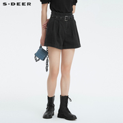 sdeer圣迪奥夏装女装，个性腰带卷边插袋黑色牛仔，a字短裤s22280917