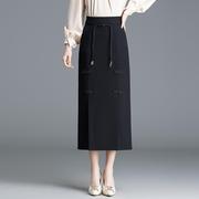 黑色高腰包(高腰包)臀，半身裙女2024春季显通勤一步裙中长款开叉直筒裙