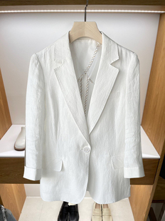 健康透气 喜欢麻料的BI入 白色亚麻西装外套女七分袖韩版小西装夏