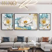 富贵牡丹客厅装饰画植物花卉沙发背景墙挂画大气感三联晶瓷壁画专