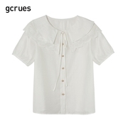 gcrues刺绣镂空衬衫，单排扣短袖白色韩系早春穿搭2024夏季上衣