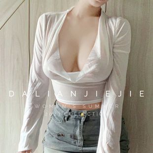 白色t恤透明低胸性感，长袖短袖t恤女式堆领薄夏季韩国辣妹5uec