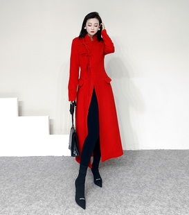 小众设计红色喜庆中长款复古中式女士羊绒毛呢大衣大气系带外
