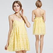 法式桔梗欧根纱刺绣，a字连衣裙子，蕾丝吊带裙蓬蓬女夏短裙黄色夏季