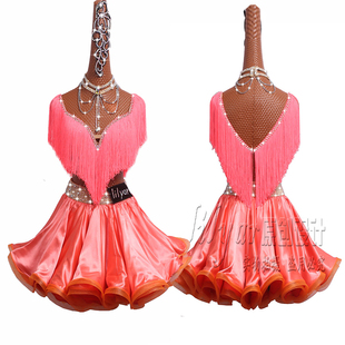 拉丁舞比赛服演出服表演服流苏裙西瓜红舞裙百褶裙可定制颜色