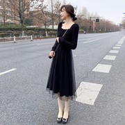 法式黑色连衣裙女秋2023气质长袖收腰显瘦网纱蓬蓬裙小黑裙子