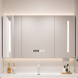 实木智能浴室镜柜单独挂墙式带灯除雾卫生间镜子抽纸孔收纳置物柜