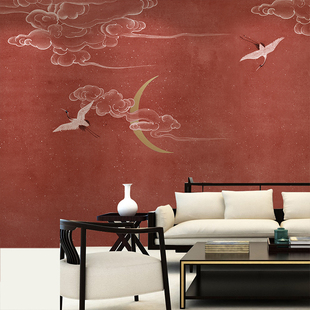 新中式仙鹤中国风竹子壁纸客厅墙纸卧室无纺布壁画电视背景墙壁纸