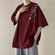 酒红色新中式短袖男t恤中国风重磅320g夏潮牌cleanfit纯棉7七分袖