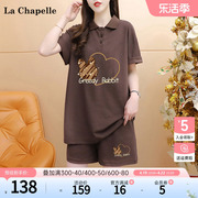 拉夏贝尔/La Chapelle2024年夏装韩版印花T恤短裤两件套装女