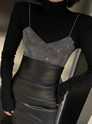 秋冬黑色内搭重工镶钻方领长袖，打底衫女性感设计感小众显瘦上衣