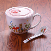 骨瓷大容量牛奶杯早餐陶瓷水杯燕麦咖家用带盖带勺子饭碗创意可爱