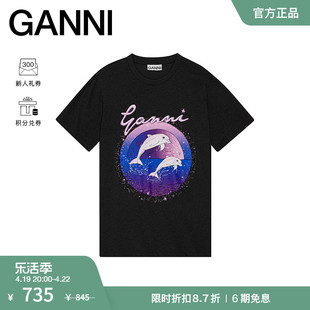 GANNI女装 海豚图案印花黑色休闲风圆领短袖T恤衫 T3591099