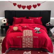 简约喜字结婚四件套，大红色床单被套全棉，纯棉高档婚庆床上用品婚房