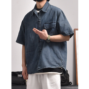 牛仔短袖衬衫夏天新中式小众设计感盘扣深蓝色衬衣男国风外套潮流