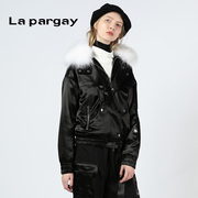Lapargay纳帕佳2024春季女式黑色可拆卸毛领假两件外套棉上衣