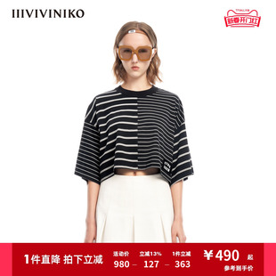 IIIVIVINIKO“72支印度长绒棉”短⽅拼接条纹T恤女M320536355C