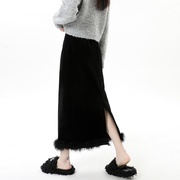 黑色金丝绒半身裙秋冬2023女设计感拼接毛绒半裙小个子直筒裙