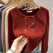 2023红色针织衫开衫女秋冬加厚设计感小众宽松小香风羊绒毛衣外套