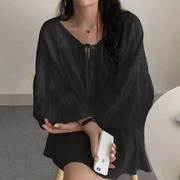 大码女装200斤胖mm夏季韩版chic复古宫廷风灯笼，袖中长款短袖衬衫