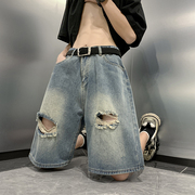 破洞牛仔短裤男士夏季薄款裤子，皮带款五分裤潮牌美式宽松直筒马裤