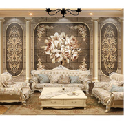 欧式经典花纹客厅沙发电视，背景墙壁纸奢华立体卧室，床头影视墙壁画