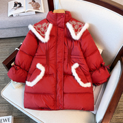 女童棉服中长款冬装2023儿童加厚洋气中国风加厚红色棉袄外套