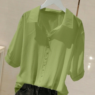 雪纺大码宽松衬衫女装夏季2024韩版薄款，短袖上衣法式v领衬衣