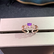 天然紫水晶戒指925银镀玫瑰金开口戒指3*5Mm晶体干净生日礼物
