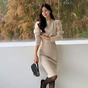 韩系秋冬女装法式长袖针织，毛衣上衣半身连衣，裙子套装包臀长裙