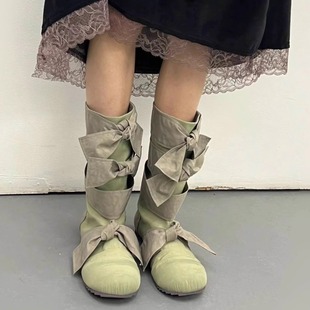 小众韩版lolita大头靴2024圆头，平底绑带蝴蝶结，后拉链中筒靴女