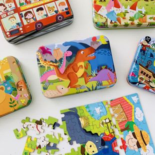 木制120片铁盒装拼图，卡通儿童早教，益智类玩具0-3-6岁宝宝木质拼板