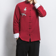 唐装男士长袖衬衫2022年春季中国风红色，刺绣衬衣大码休闲潮流上衣