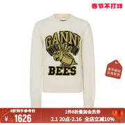 GANNI 23秋冬米黄色字母logo蜜蜂图案女士套头圆领针织衫毛衣