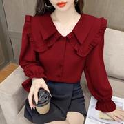 雪纺衬衫女春秋2023年设计感小众红色小衫洋气时尚娃娃领上衣