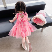 女童夏季连衣裙2024韩版洋气珍珠玫瑰花甜美时尚，公主纱裙夏装