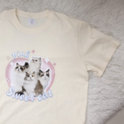 原创日系短袖t恤女甜美可爱ins小猫印花正肩纯棉，半袖打底上衣夏女