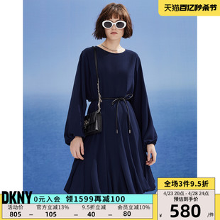 DKNY/唐可娜儿2024春夏女圆领蝙蝠袖拼缝荷叶A字连衣裙含腰带